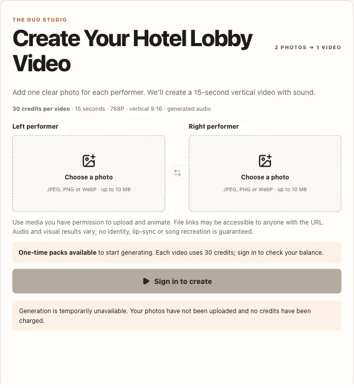 Current Hotel Lobby generator with left and right photo upload areas and credit notice