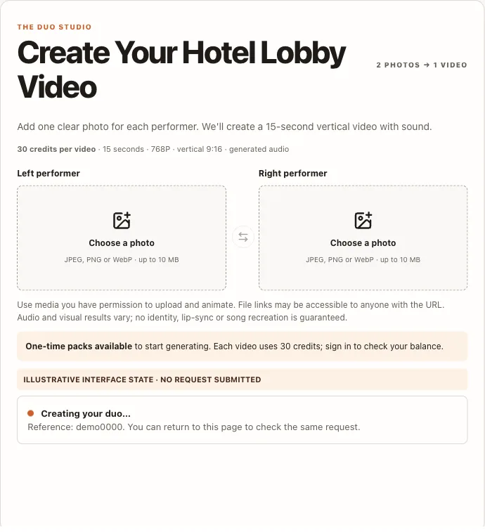 Current studio interface illustrating Creating your duo and a request reference